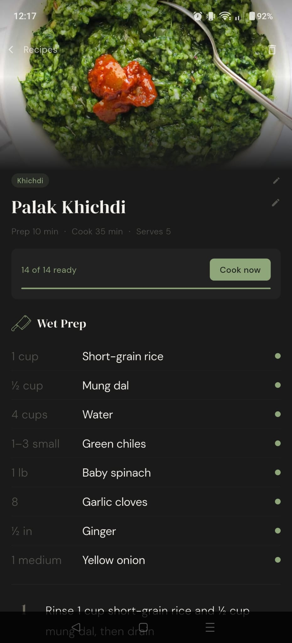 Recipe detail showing mise en place stages and 14 of 14 ready indicator