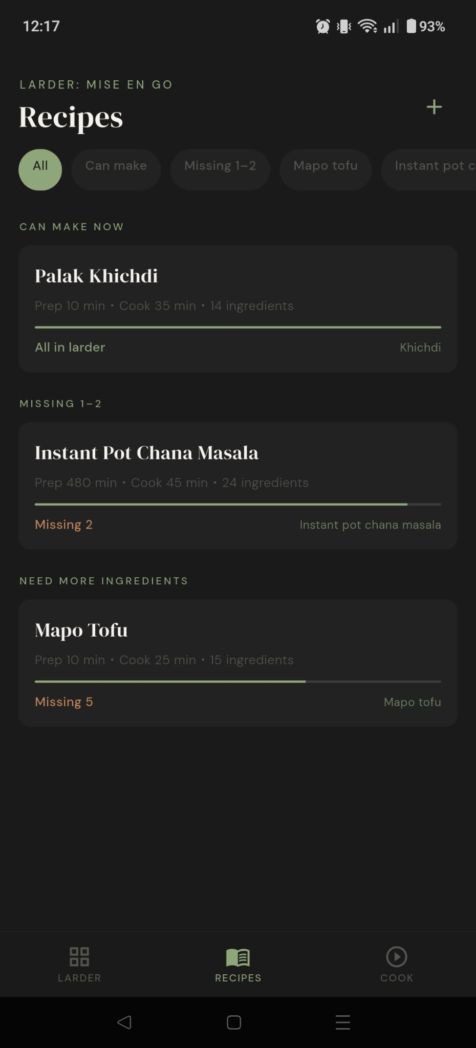 Recipes screen grouped by Can make now, Missing 1-2, and Need more ingredients
