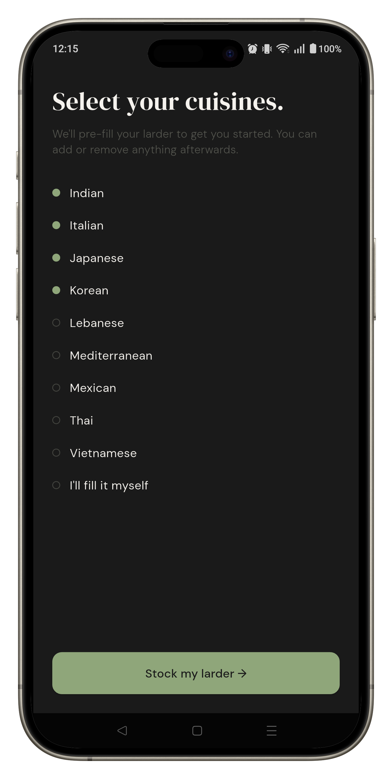 Onboarding cuisine selection screen